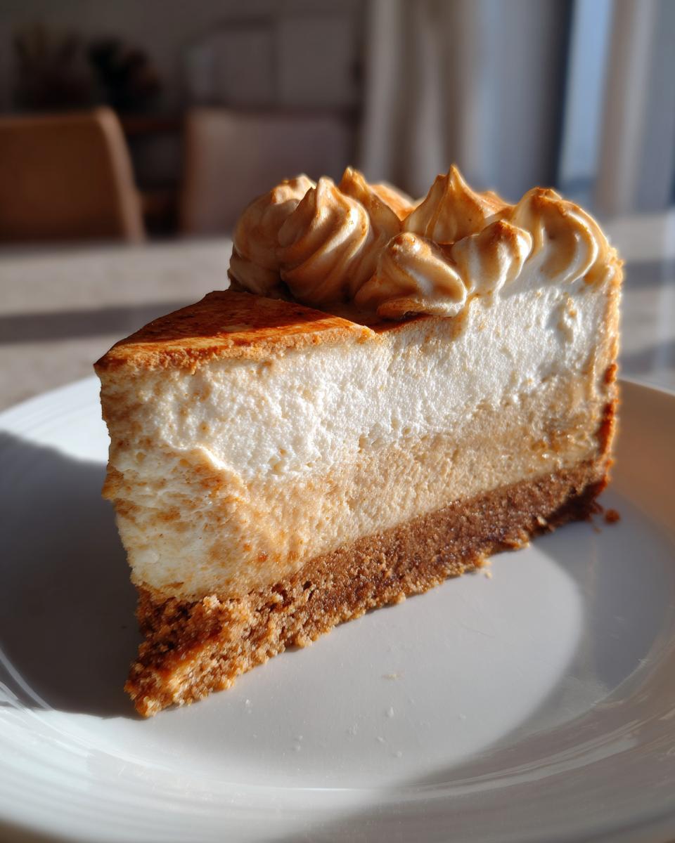 A perfect slice of biscoff cheesecake with a thick graham cracker crust and toasted meringue topping.