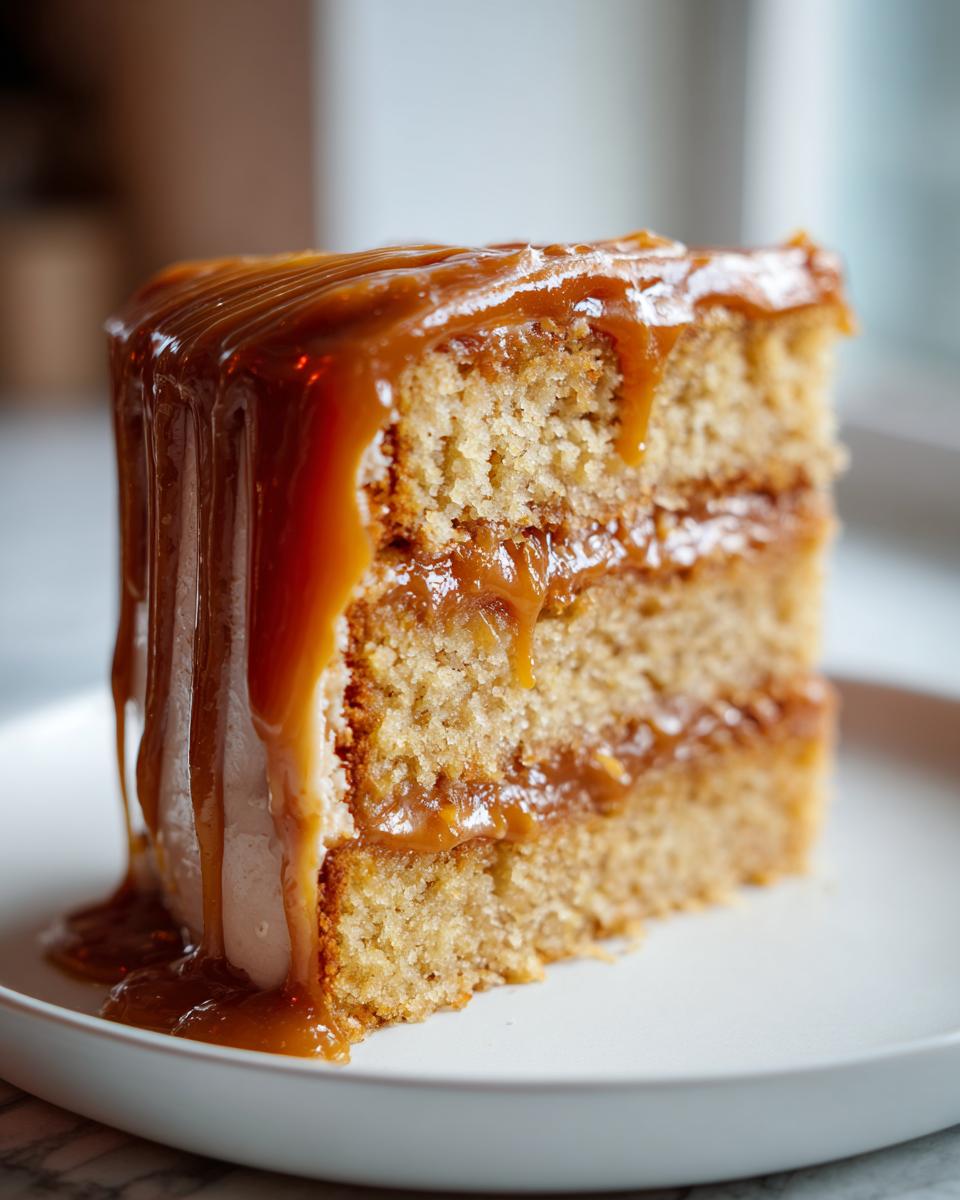 Close-up of a moist slice of caramel cake with thick layers and rich caramel sauce dripping down the side.