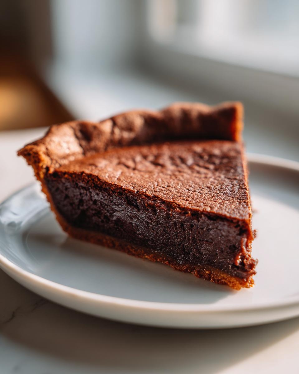 A rich, dark slice of chocolate chess pie with a gooey center served on a white plate.