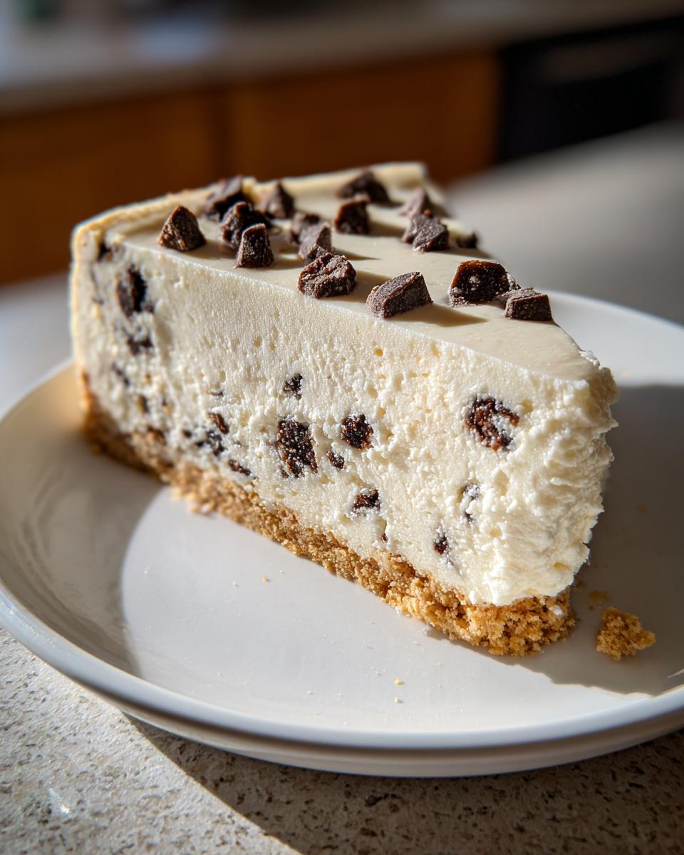 A close-up slice of creamy chocolate chip cheesecake with a graham cracker crust, topped with chocolate chunks.