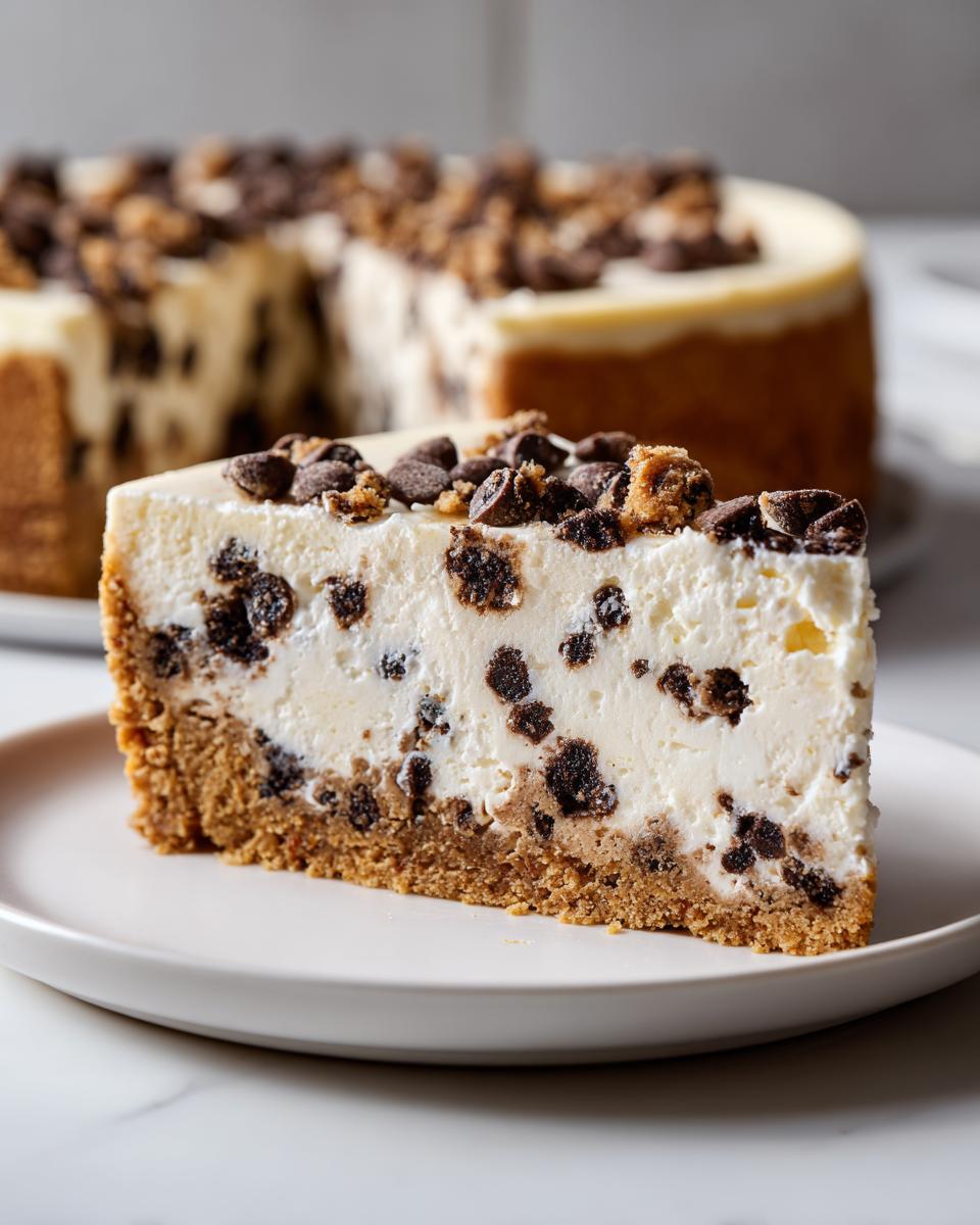 A close-up slice of rich chocolate chip cheesecake with a graham cracker crust, topped with chocolate chips.