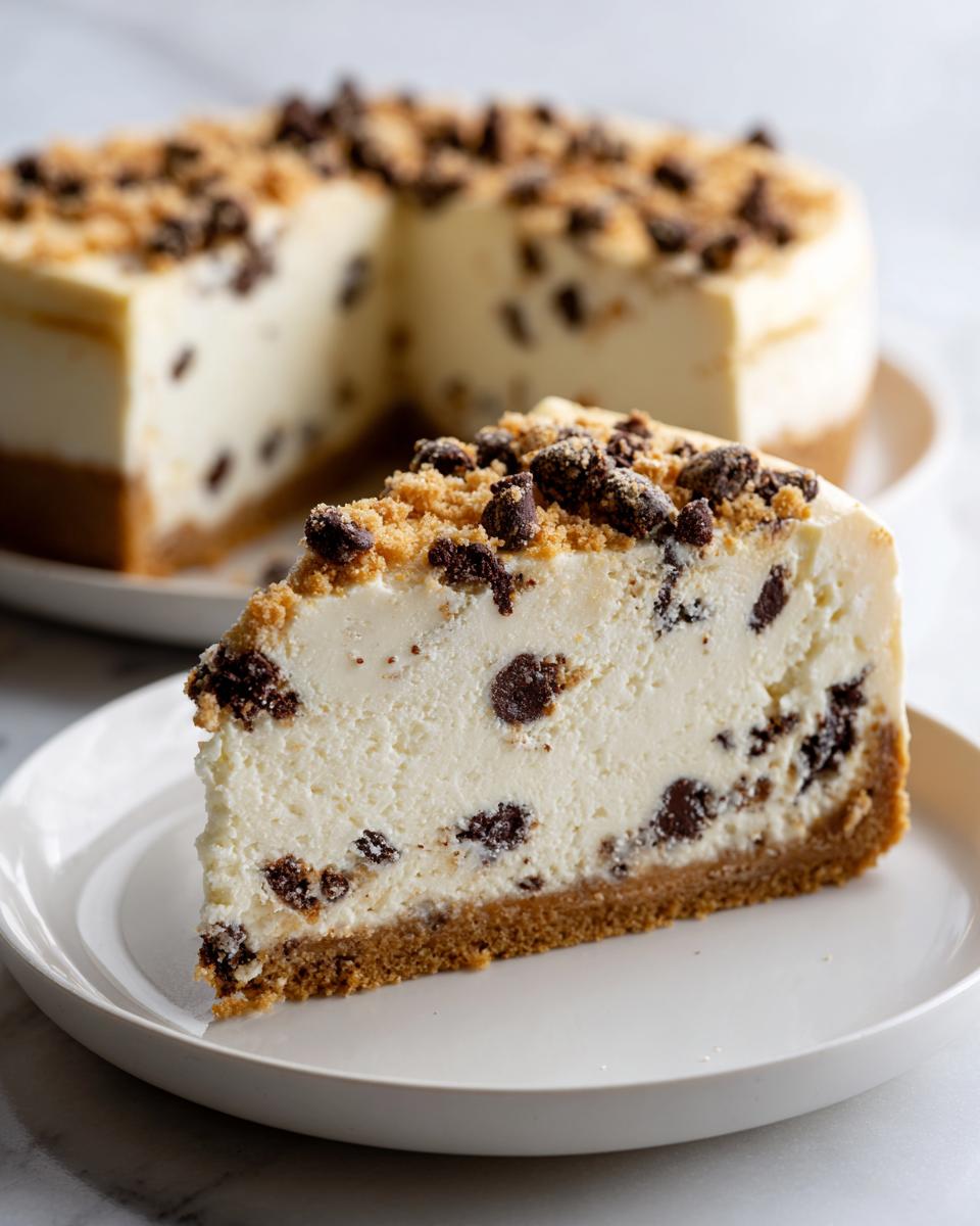 A perfect slice of creamy chocolate chip cheesecake on a white plate, with the rest of the chocolate chip cheesecake in the background.