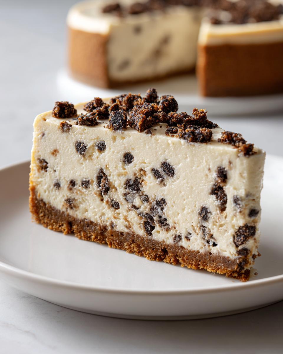 A close-up of a rich slice of chocolate chip cheesecake with a graham cracker crust and chocolate crumb topping.