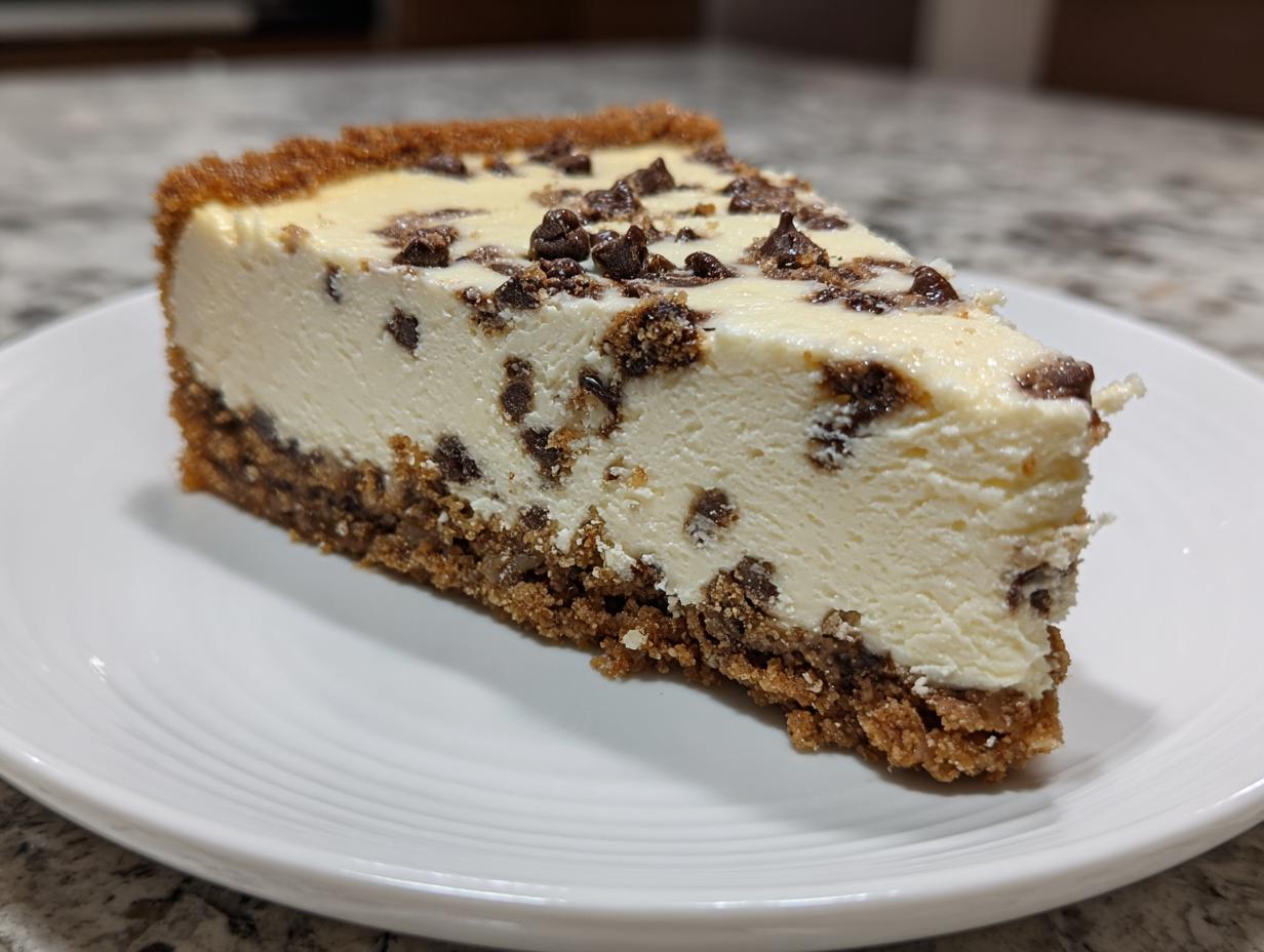 A perfect slice of creamy chocolate chip cheesecake with a thick graham cracker crust, served on a white plate.
