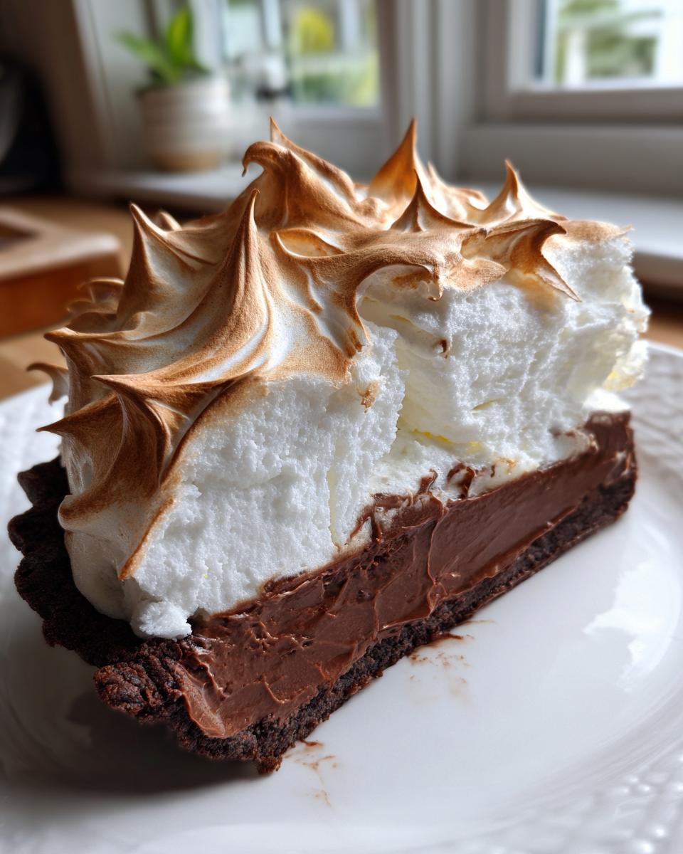 A close-up slice of chocolate meringue pie showing a dark crust, rich chocolate filling, and tall, perfectly toasted meringue.