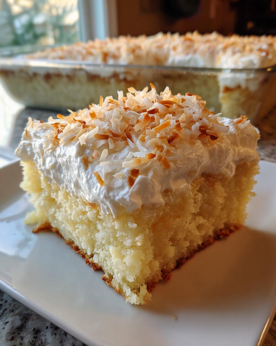 A moist slice of coconut poke cake topped with whipped cream and toasted coconut flakes.