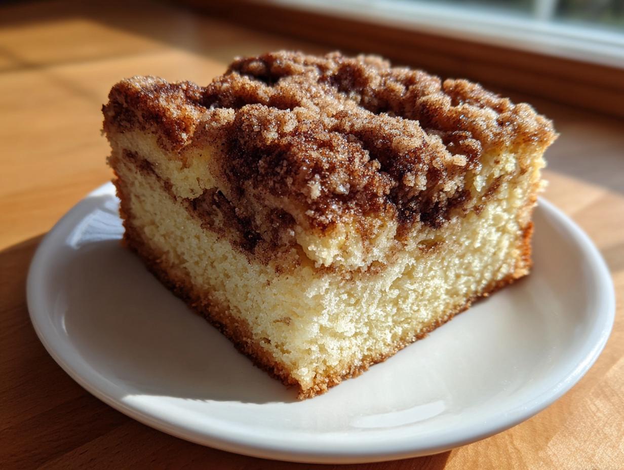 A moist slice of coffee cake featuring a thick, crumbly double streusel topping, served on a small white plate.