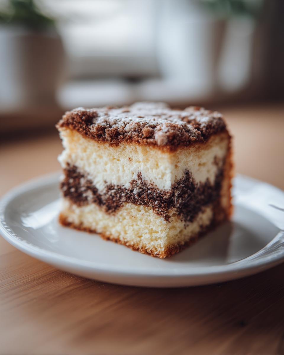 A square slice of homemade coffee cake featuring two layers of dark streusel and a creamy filling, topped with powdered sugar.