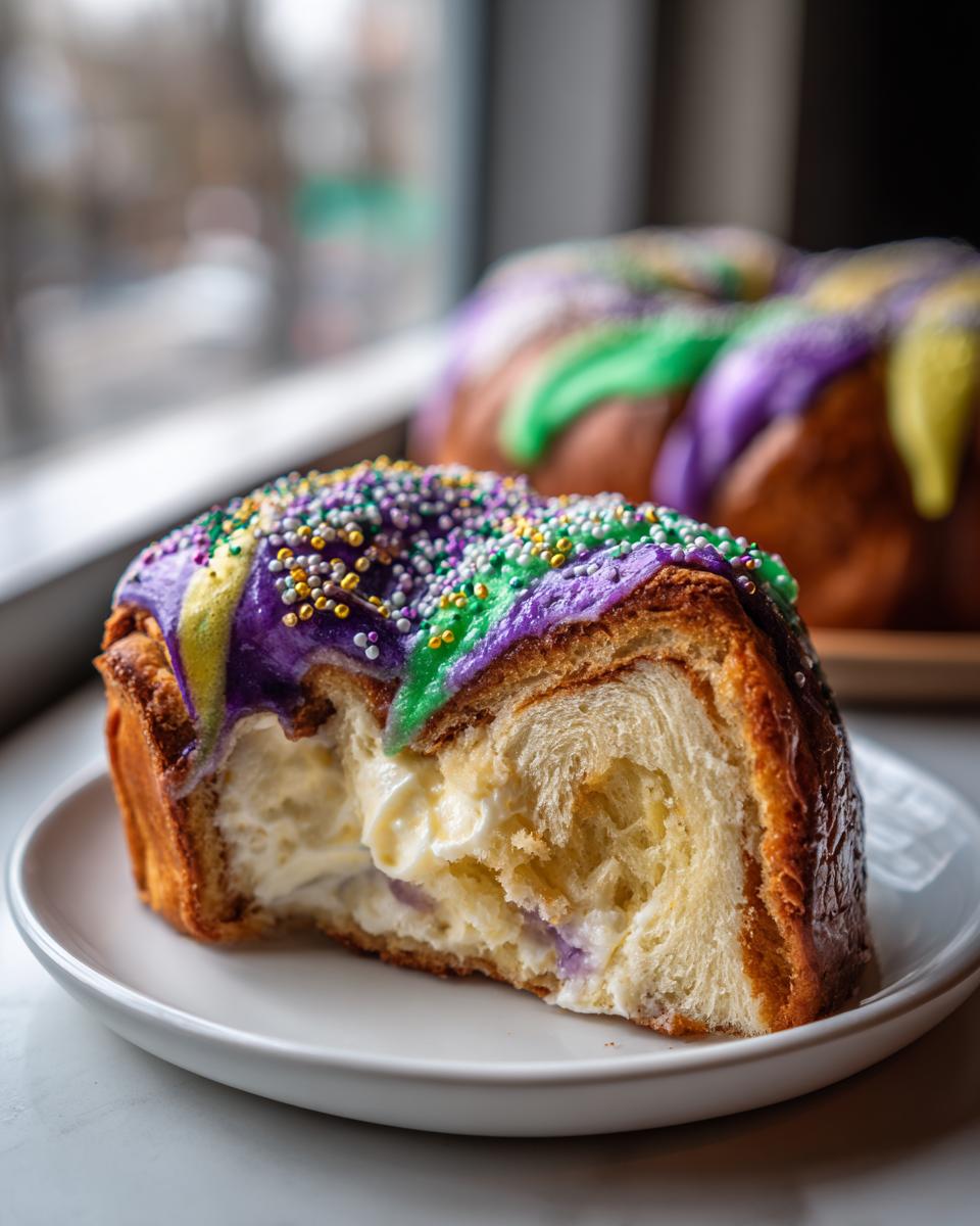 Close-up of a slice of cream cheese filled king cake topped with purple, green, and yellow icing and sprinkles.