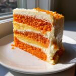 A tall slice of Creamsicle Cake showing alternating layers of bright orange and yellow cake with white cream cheese frosting.