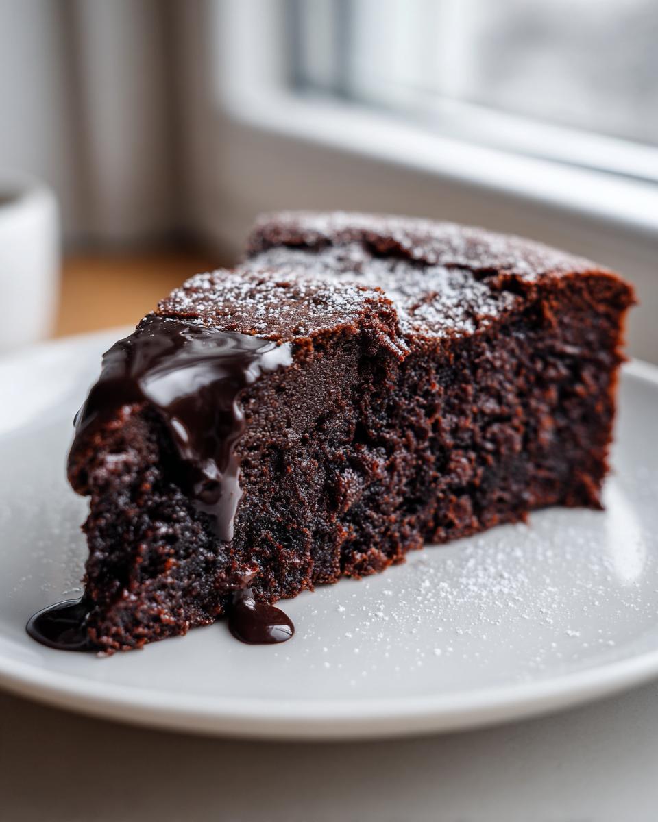 A decadent slice of flourless chocolate cake topped with chocolate ganache and powdered sugar.