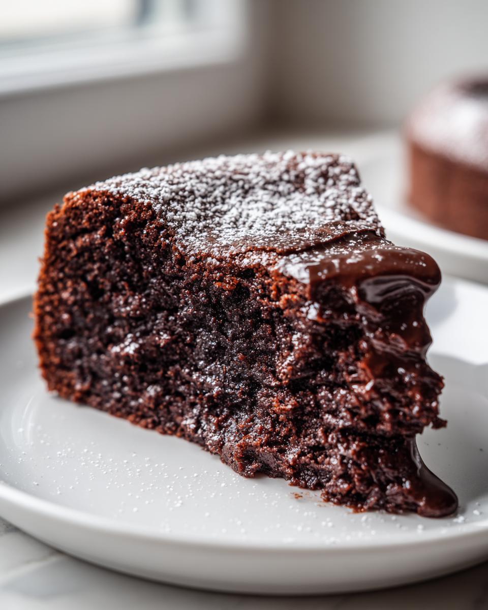 A moist slice of flourless chocolate cake dusted with powdered sugar and drizzled with rich chocolate ganache.