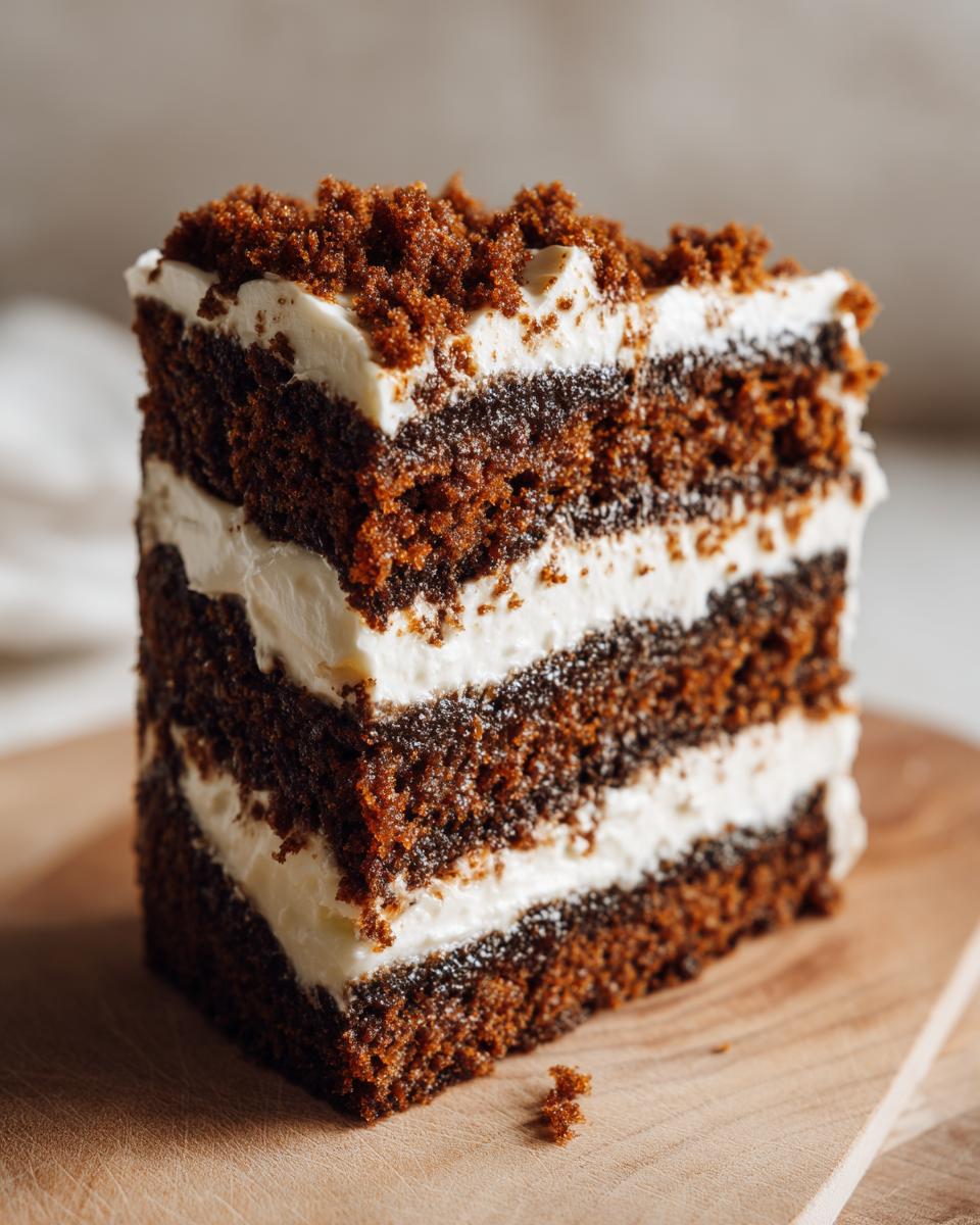 Close-up of a tall slice of gingerbread trifle showing three dark layers of cake separated by thick white cream frosting.
