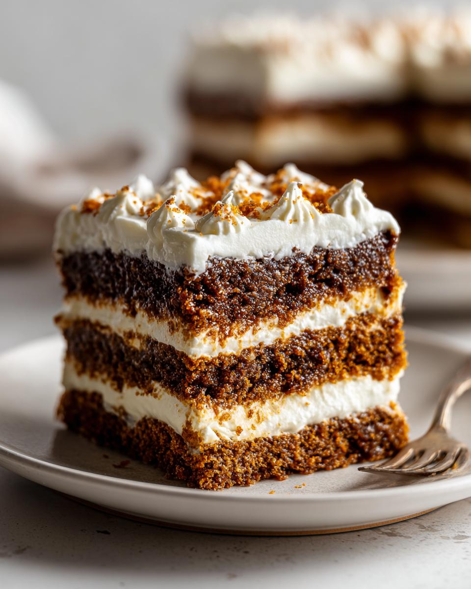 A close-up of a rich, layered slice of gingerbread trifle featuring dark cake layers and white cream filling, topped with piped cream.