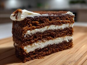 A close-up of a rich, dark slice of gingerbread trifle showing three layers of cake separated by thick white cream filling.