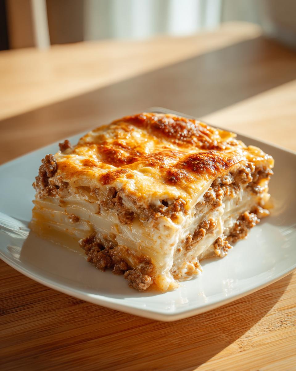 A square slice of layered hamburger potato casserole with browned cheese topping on a white plate.
