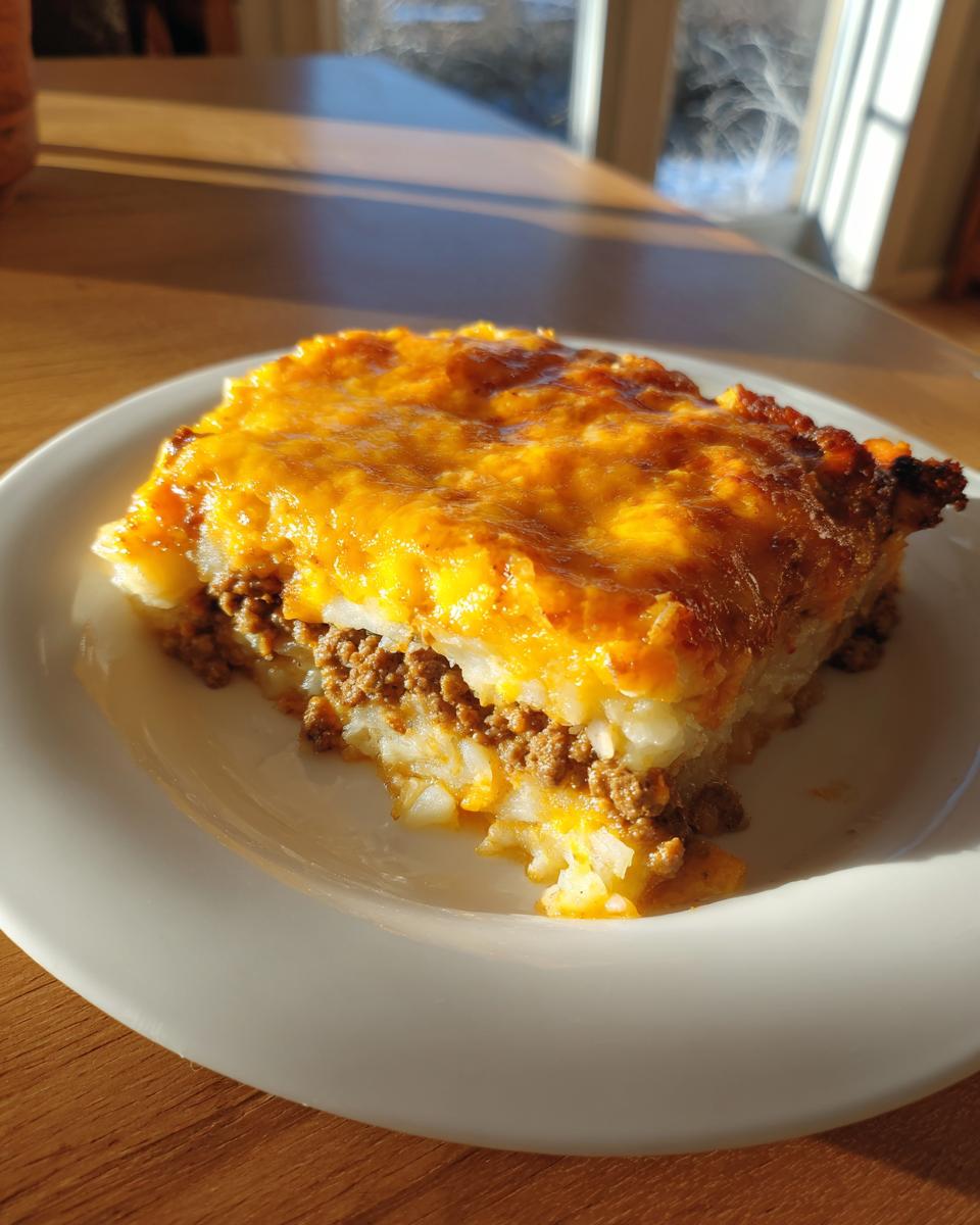 A close-up of a square slice of hamburger potato casserole topped with melted, browned cheddar cheese.