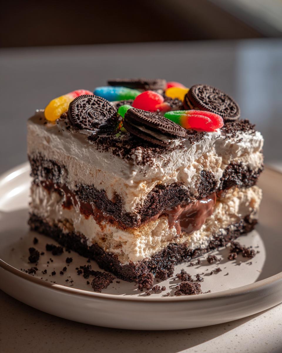 A decadent slice of 4-layer dirt cake showing layers of chocolate, cream, and topped with Oreo pieces and gummy worms.