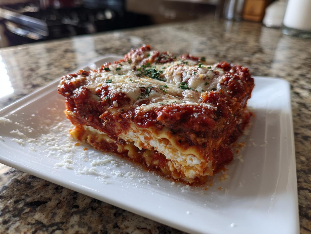 A generous, cheesy slice of baked ravioli covered in rich tomato sauce and Parmesan cheese.