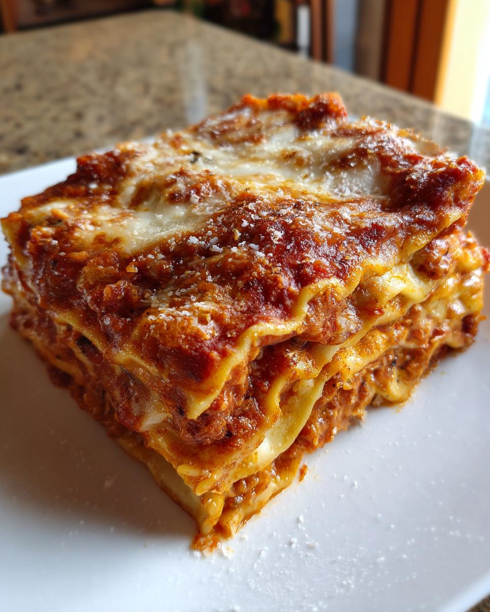 A thick, layered slice of cheesy baked ravioli topped with melted mozzarella and grated parmesan.