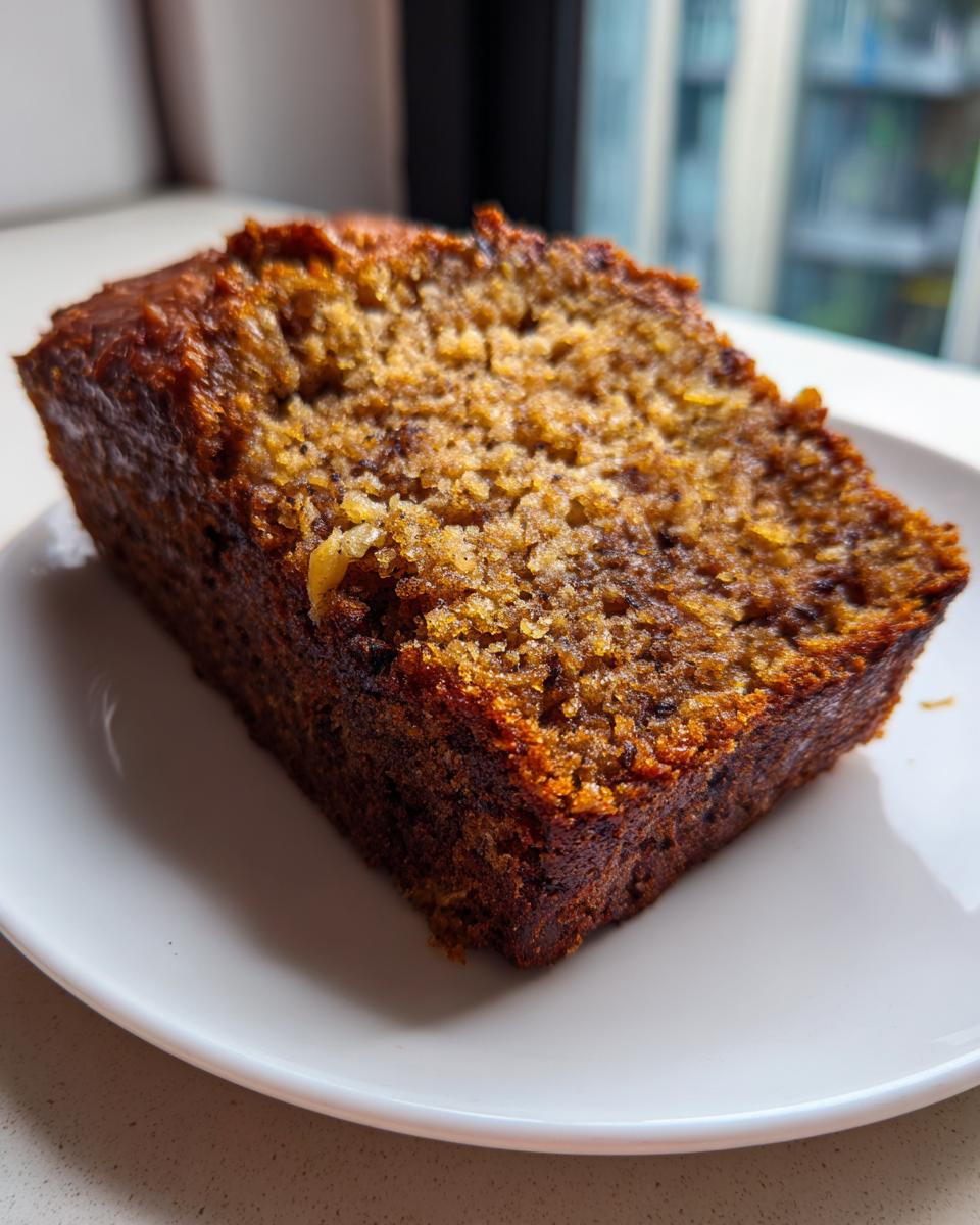 A close-up of a thick slice of moist best banana bread with a dark, caramelized crust, served on a white plate.