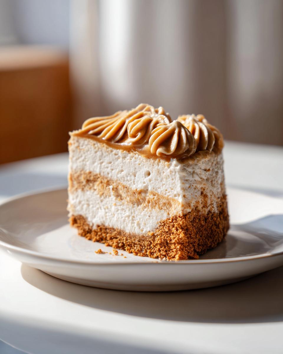 A perfect slice of no-bake biscoff cheesecake with a thick crust and piped caramel topping.