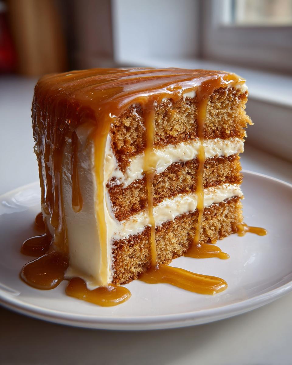 A tall slice of three-layer caramel cake with white frosting and a thick, glossy caramel sauce dripping down the sides.