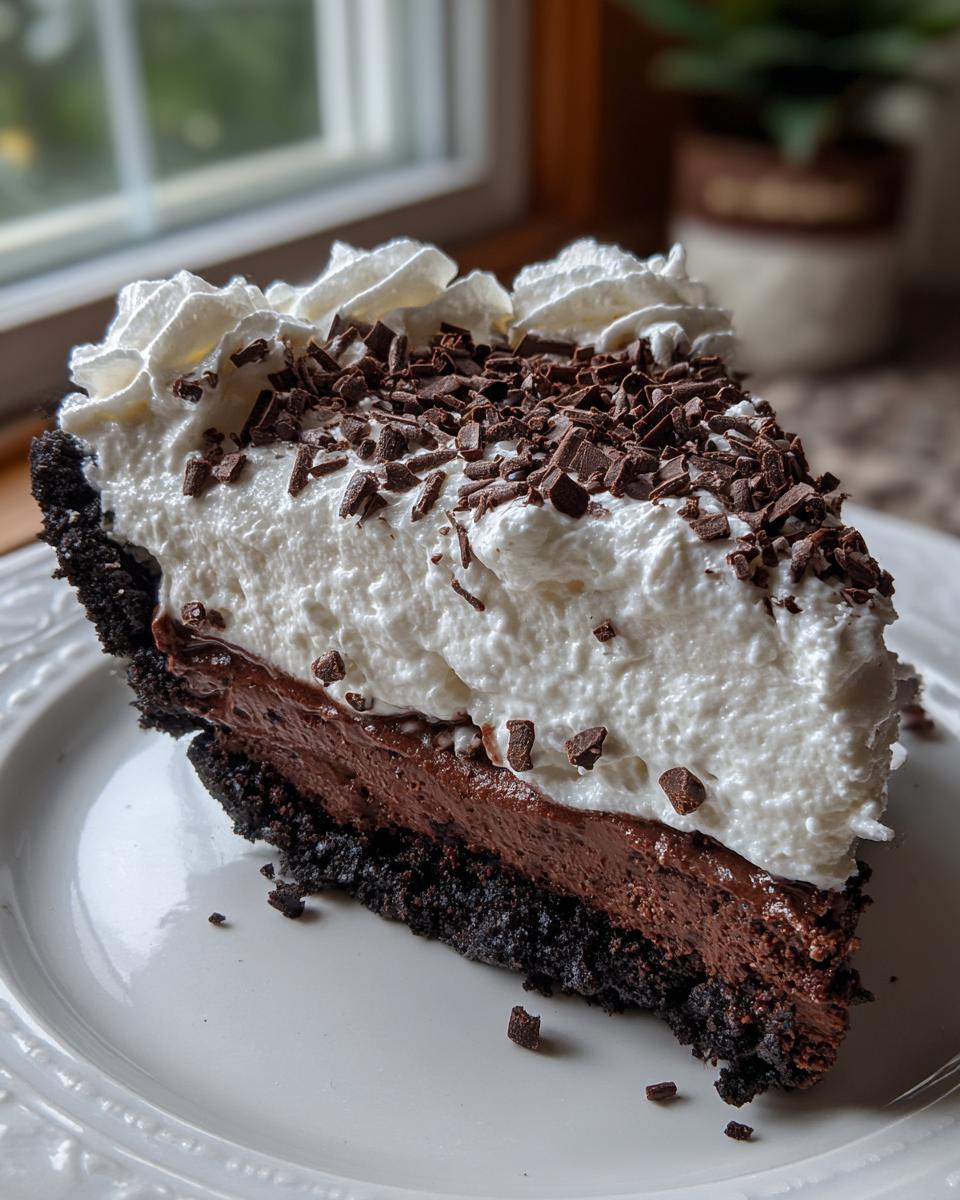 A decadent slice of chocolate mud pie featuring a dark crust, rich filling, and towering whipped cream topped with chocolate shavings.