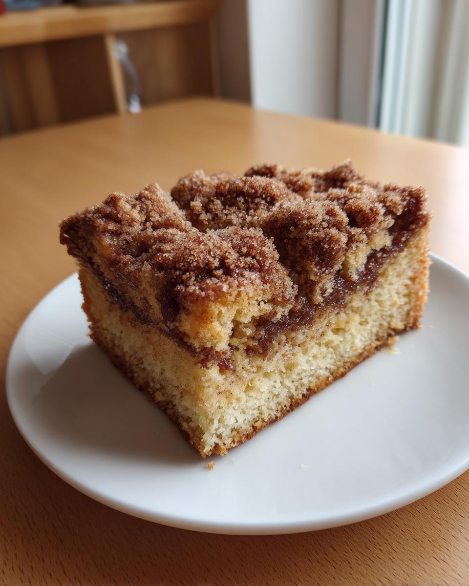 A square slice of moist coffee cake featuring a thick, crumbly double streusel topping and cinnamon swirl layers.