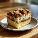 A delicious slice of coffee cake featuring two distinct streusel layers, served on a white plate.