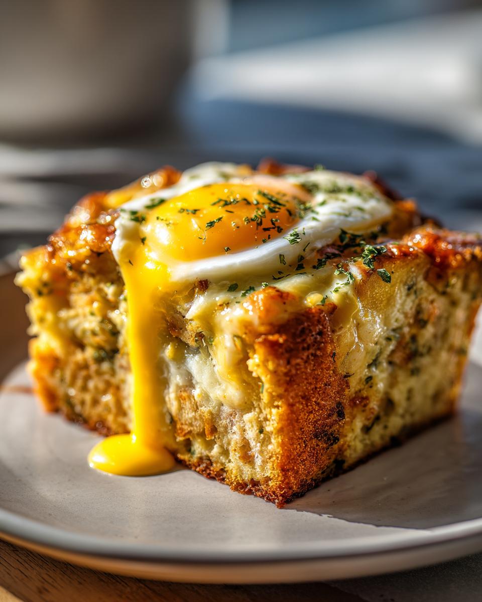 Close-up of a square slice of eggs benedict casserole with a perfectly cooked sunny-side-up egg on top, yolk dripping down the side.
