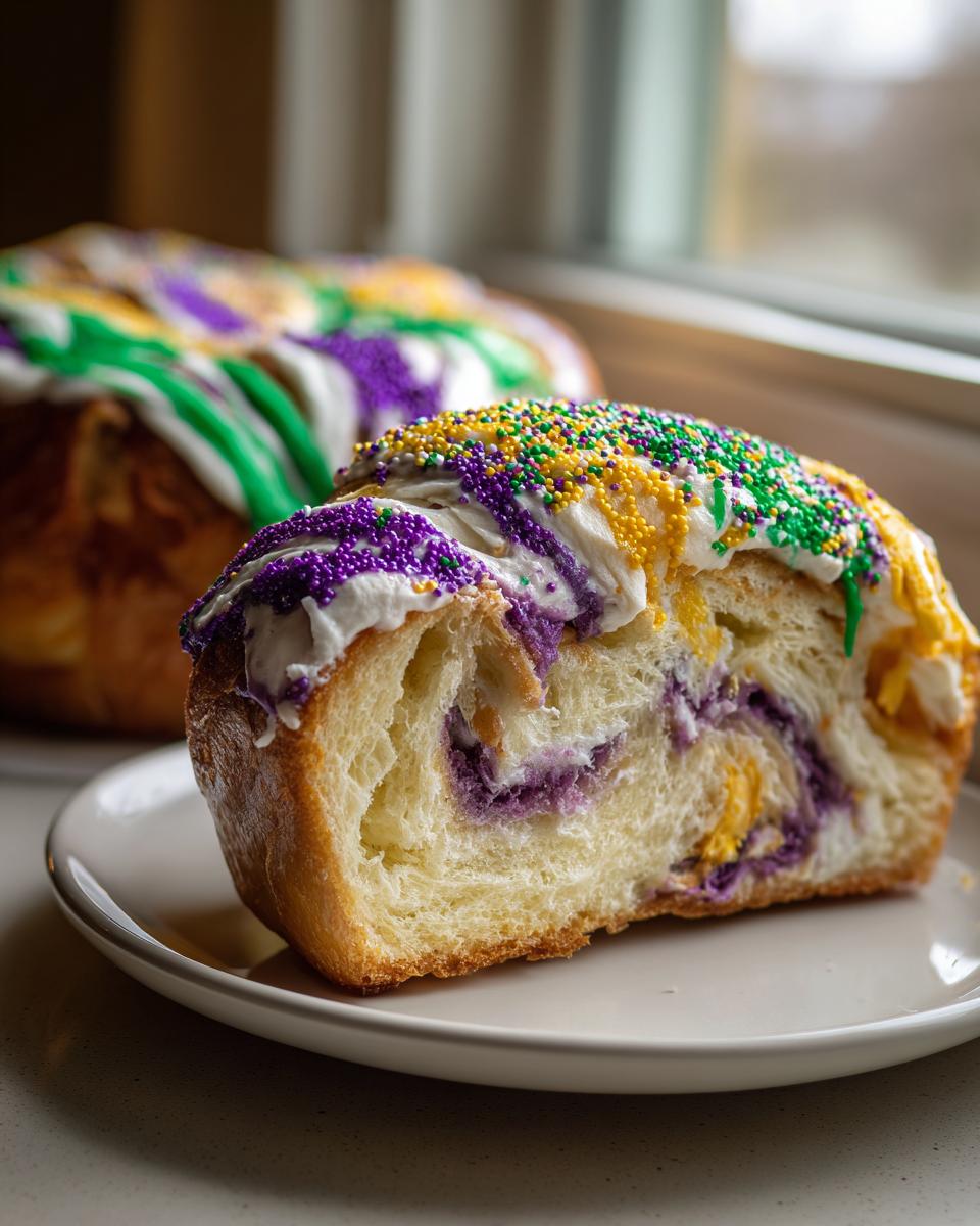 Close-up of a slice of rich, brioche-style king cake showing purple filling and topped with white icing and purple, gold, and green sprinkles.