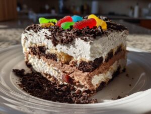 A close-up slice of rich, layered dirt cake topped with whipped cream, cookie crumbs, and colorful gummy worms.