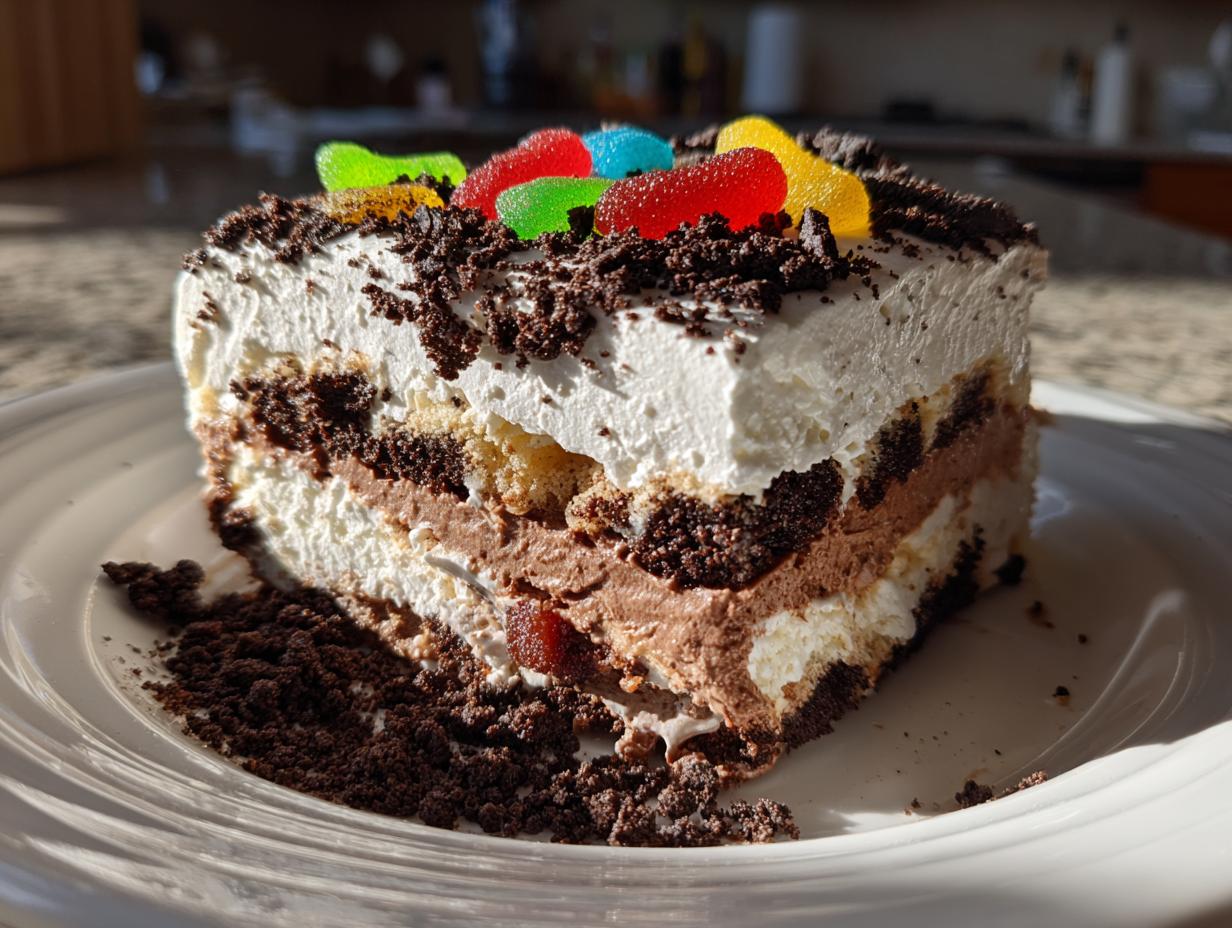 A close-up slice of rich, layered dirt cake topped with whipped cream, cookie crumbs, and colorful gummy worms.