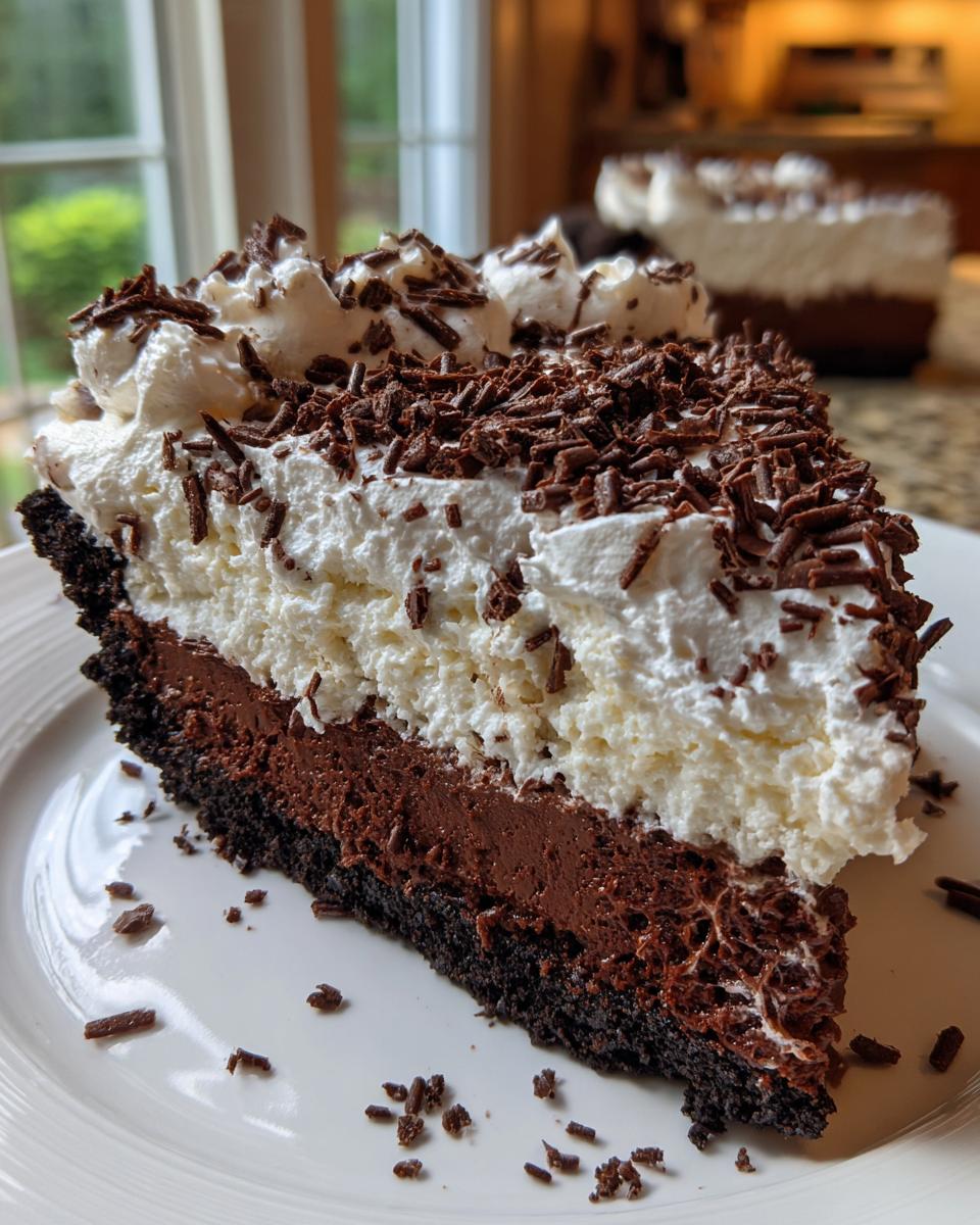 Close-up of a decadent slice of mud pie showing dark crust, chocolate filling, white topping, and chocolate shavings.