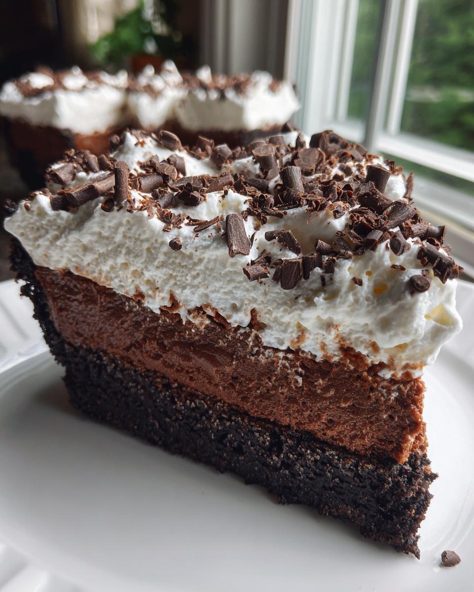 A decadent slice of mud pie showing a dark crust, chocolate mousse filling, and thick whipped cream topped with chocolate shavings.
