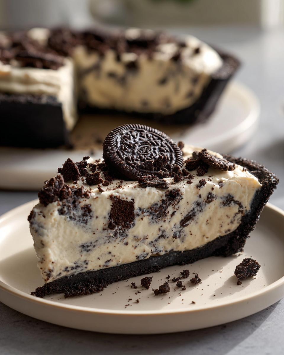 A close-up of a decadent slice of Oreo pie with a creamy filling and dark crust, topped with cookie crumbs and a whole Oreo.