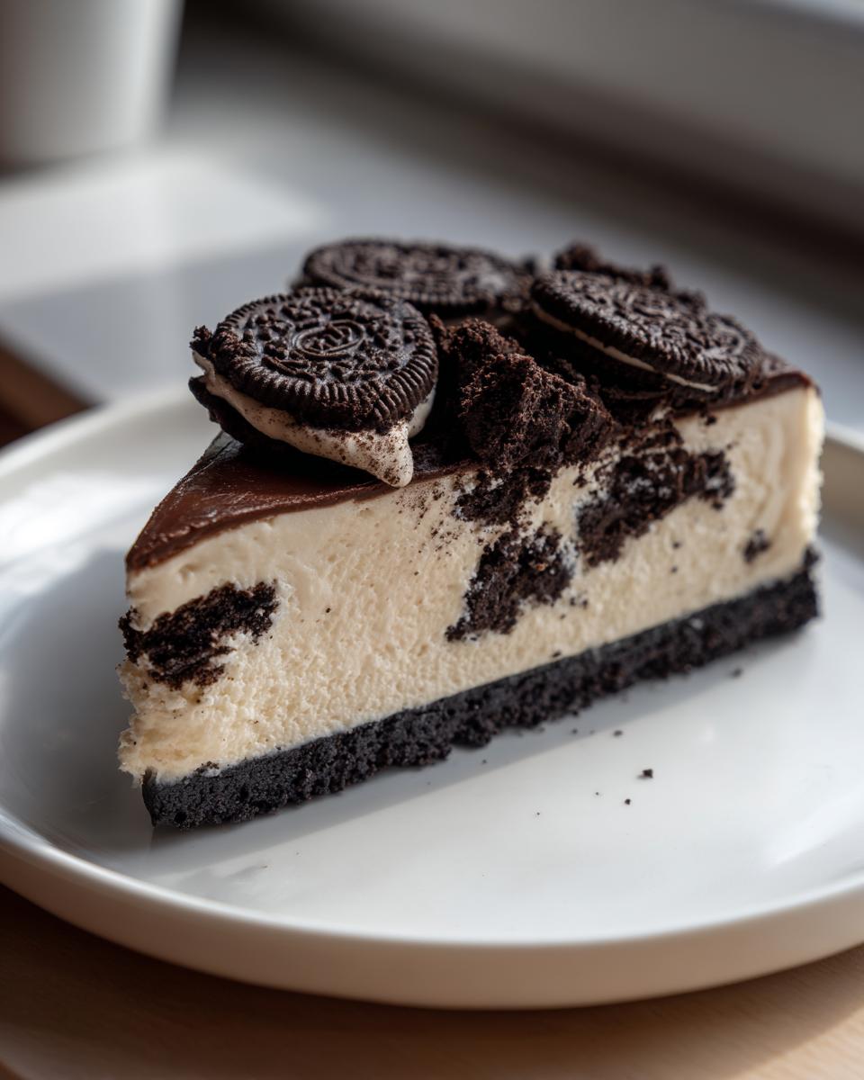 A decadent slice of Oreo pie featuring a dark crust, creamy filling with cookie chunks, and whole Oreos on top.