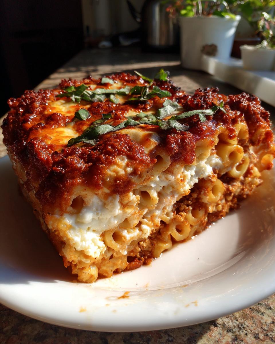 A thick slice of baked pasta bake showing layers of tubular pasta, ricotta cheese, and rich tomato sauce, topped with basil.