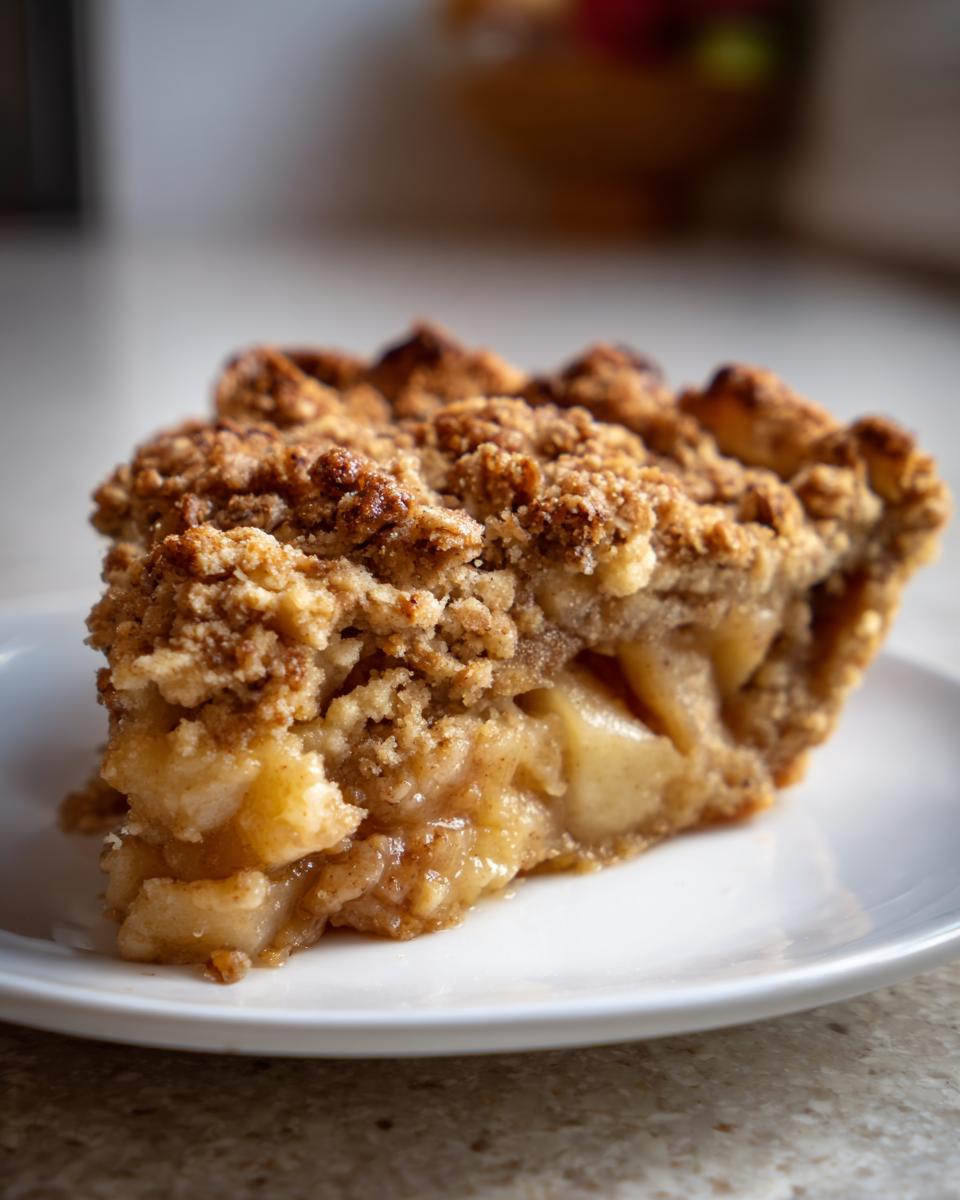 Close-up of a generous slice of pear crisp showing soft, spiced fruit filling and a thick, golden brown crumble topping.