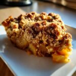 Close-up of a warm slice of pear crisp with a thick, crumbly oat topping on a white plate.