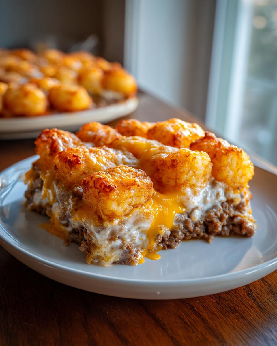 A close-up serving of tater tot casserole featuring crispy tots, ground meat, and melted cheddar cheese.