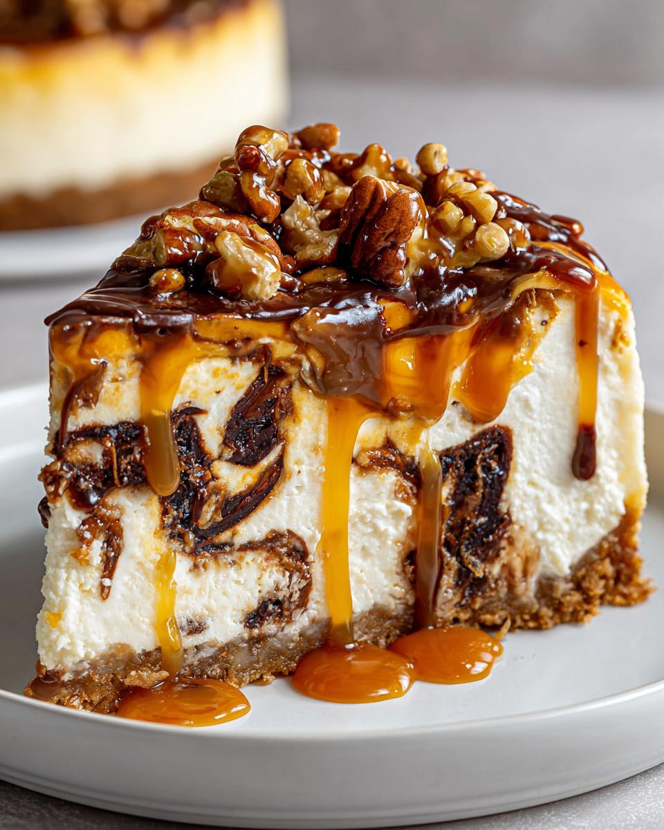 A rich slice of turtle cheesecake featuring a creamy filling, chocolate swirls, dripping caramel sauce, and topped with pecans.