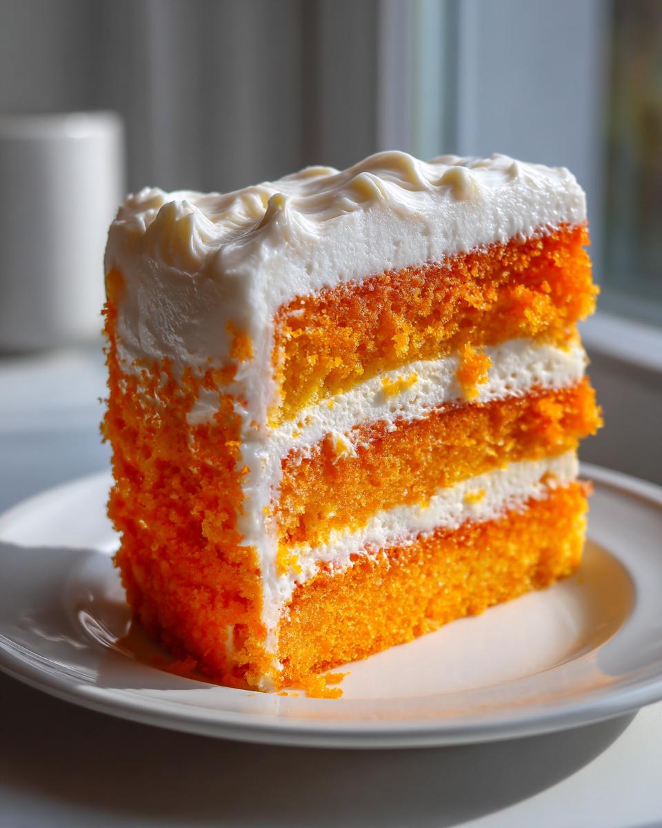 A tall slice of vibrant orange Creamsicle Cake layered with white cream frosting, sitting on a white plate.