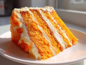 Close-up of a tall, moist slice of orange Creamsicle Cake layered with white cream cheese frosting.