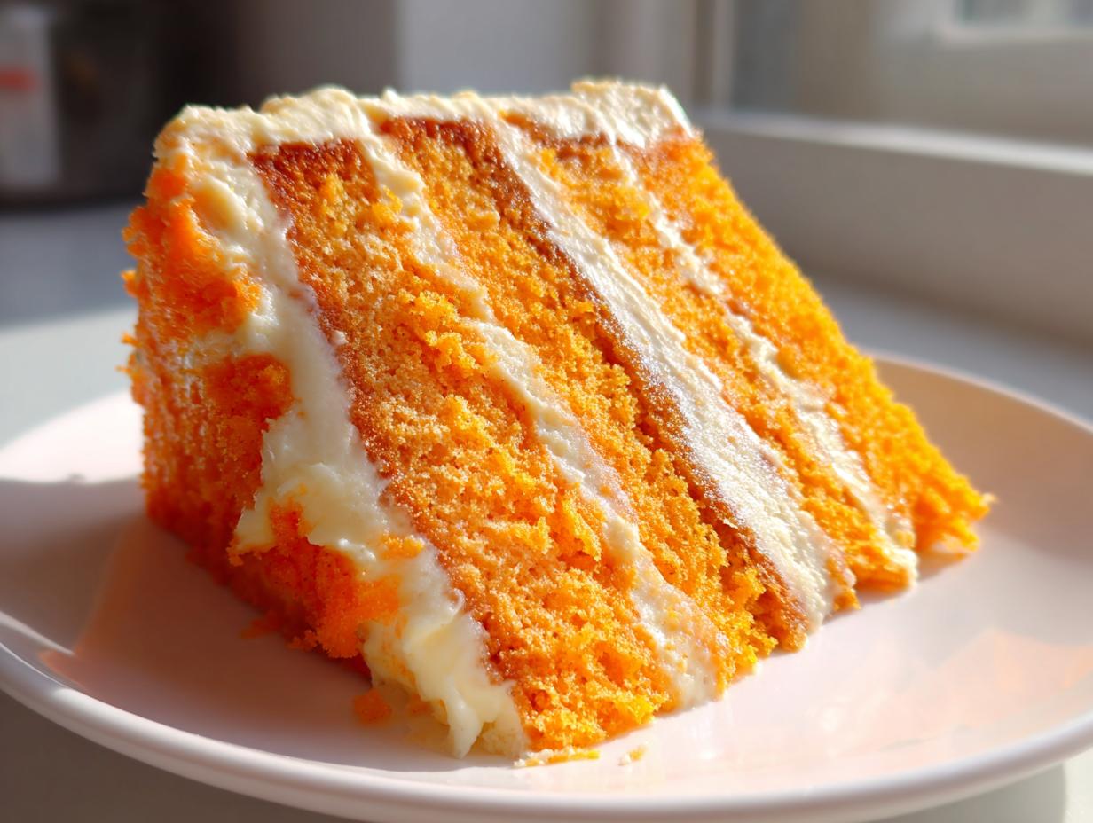Close-up of a tall, moist slice of orange Creamsicle Cake layered with white cream cheese frosting.