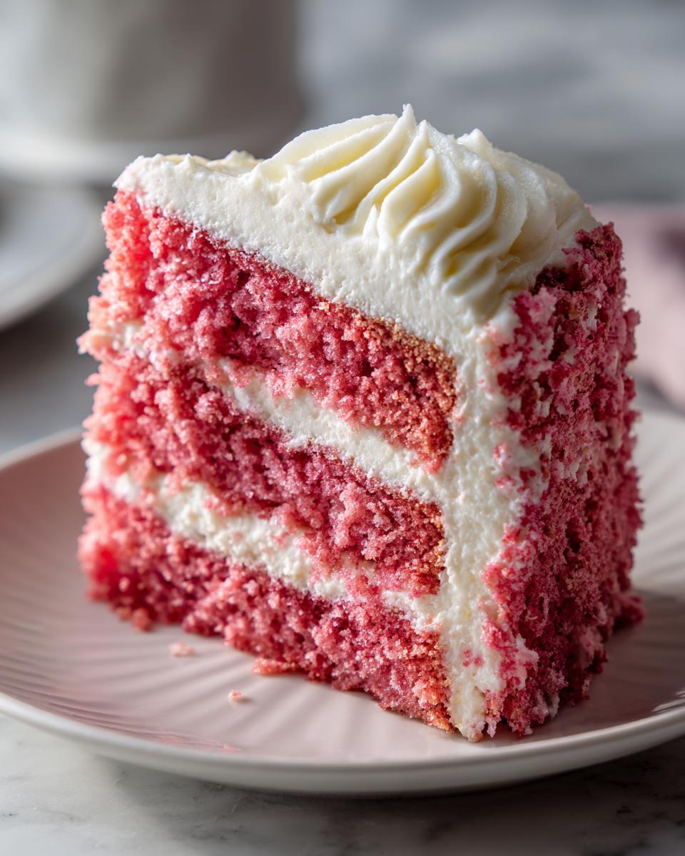 Close-up of a moist slice of pink strawberry cake layered with white frosting.