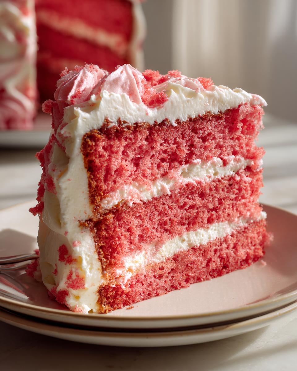 Close-up of a thick slice of moist strawberry cake with white frosting layers and piped topping.