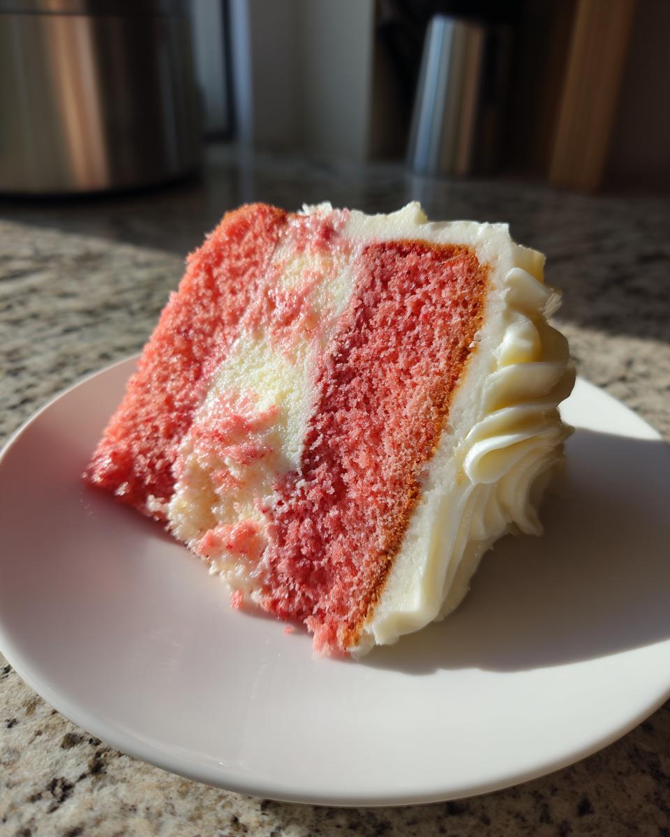 A close-up slice of moist, pink and white marbled strawberry cake topped with thick white frosting.