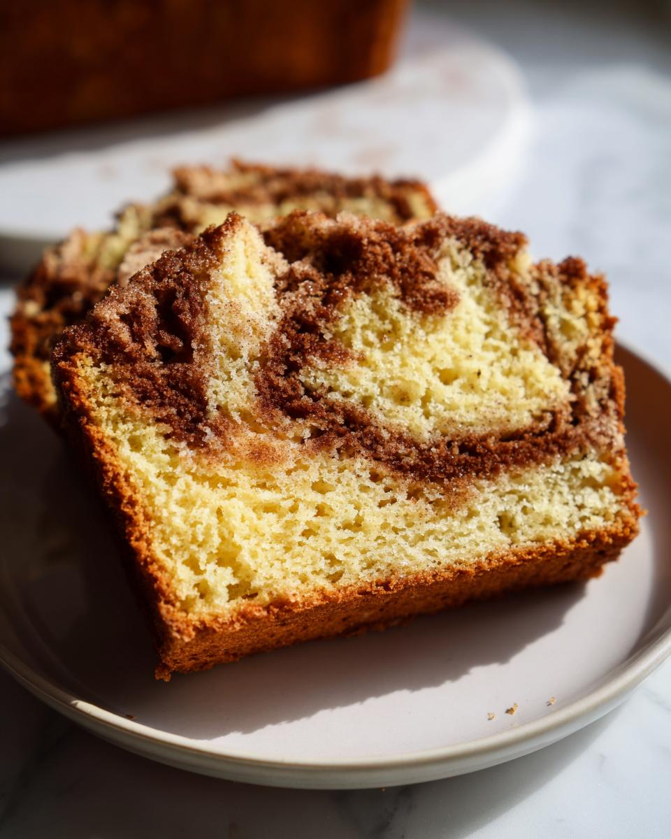 A close-up slice of moist cinnamon bread showing a rich swirl of cinnamon sugar filling and a crumb topping.